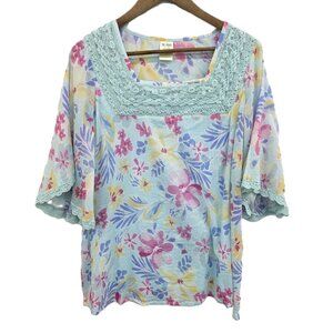 Vintage Blair Floral Top Womens L Embroidered Square Neck Fairycore Bloomcore